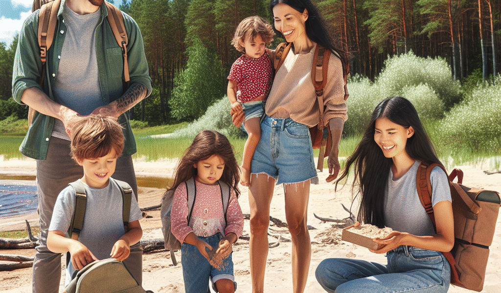 En familie som utforsker en vakker sandstrand i Sør Estland, omkranset av skog og klar blå himmel.