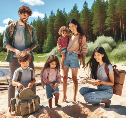 En familie som utforsker en vakker sandstrand i Sør Estland, omkranset av skog og klar blå himmel.