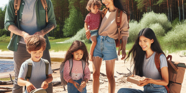 En familie som utforsker en vakker sandstrand i Sør Estland, omkranset av skog og klar blå himmel.