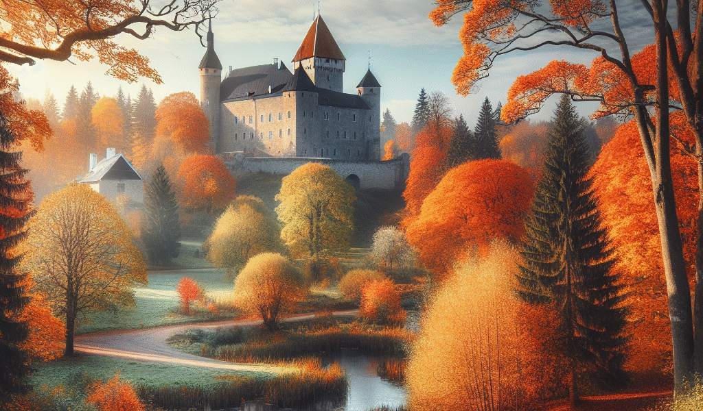 Høstlandskap i Estland med fargerike trær og et historisk slott i bakgrunnen