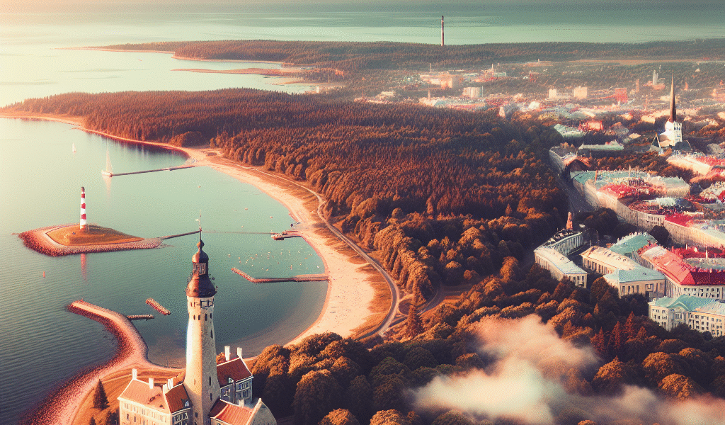 Oversiktsbilde av Estland: kystlinje med fyrtårn, historisk bykvartal i bakgrunnen, grønn skog og myke skyer, varm og innbydende fargepalett