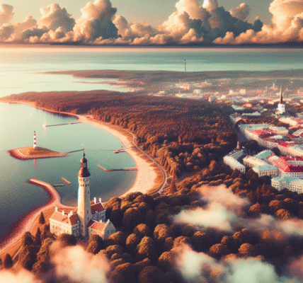 Oversiktsbilde av Estland: kystlinje med fyrtårn, historisk bykvartal i bakgrunnen, grønn skog og myke skyer, varm og innbydende fargepalett
