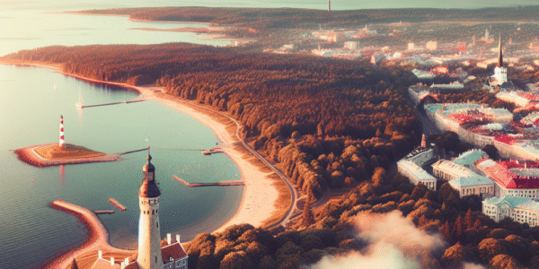 Oversiktsbilde av Estland: kystlinje med fyrtårn, historisk bykvartal i bakgrunnen, grønn skog og myke skyer, varm og innbydende fargepalett