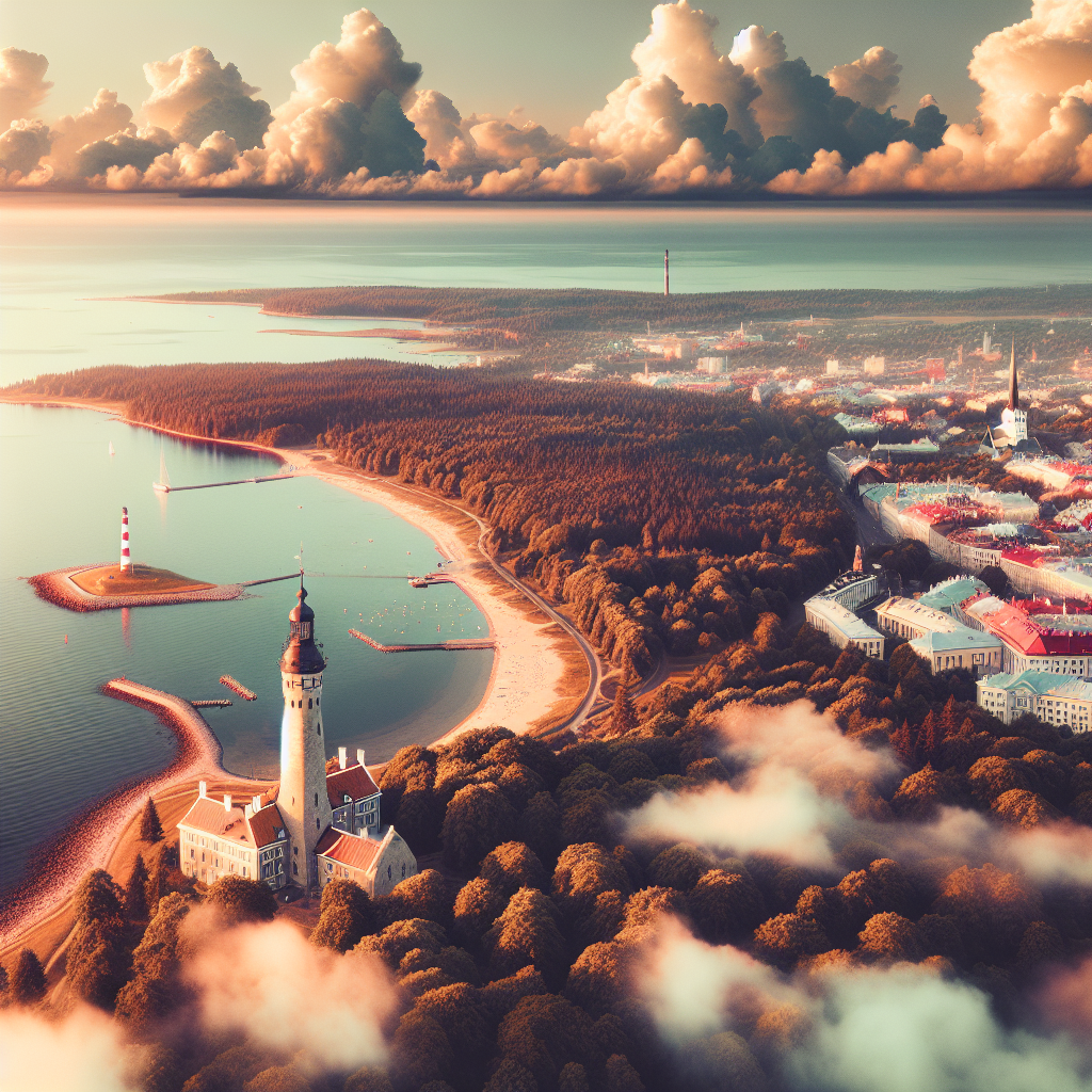 Oversiktsbilde av Estland: kystlinje med fyrtårn, historisk bykvartal i bakgrunnen, grønn skog og myke skyer, varm og innbydende fargepalett