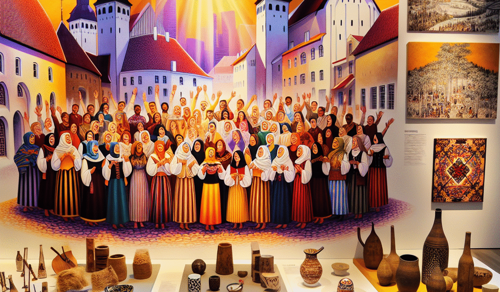 Fargerikt collage av estisk kultur: kor som synger, moderne kunstgalleri, tradisjonelt håndverk og urbane scener i Tallinn, varmt lys, innbydende stemning