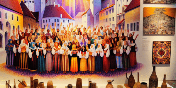 Fargerikt collage av estisk kultur: kor som synger, moderne kunstgalleri, tradisjonelt håndverk og urbane scener i Tallinn, varmt lys, innbydende stemning