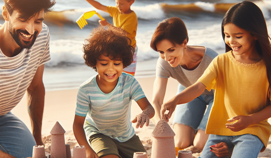 Glade barn som leker på en solrik sandstrand i Estland med fargerike bølgebrytere og en familie som bygger sandslott i bakgrunnen, naturlig lys
