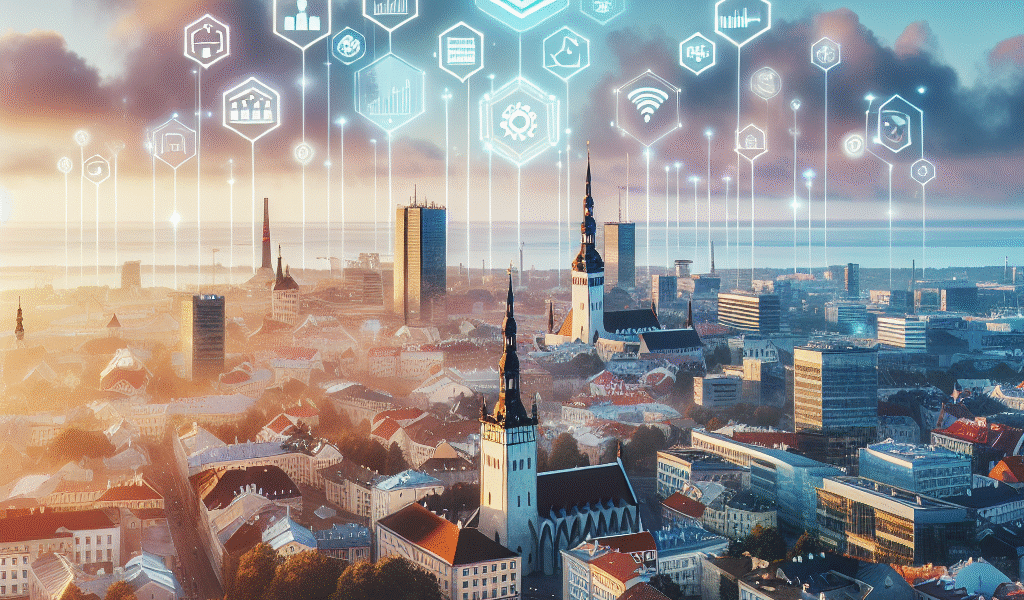 Oversiktsbilde av Tallinns skyline ved soloppgang, med digitale ikoner for økonomi, eiendom og investering svevende over byen, moderne og inspirerende