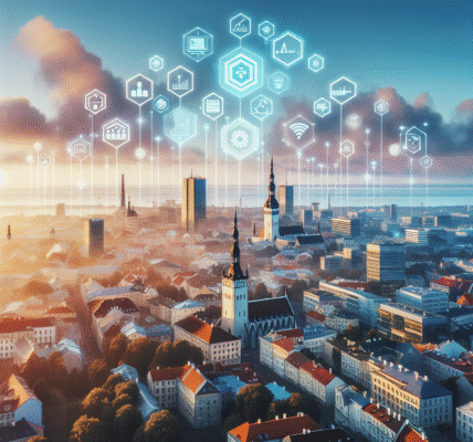 Oversiktsbilde av Tallinns skyline ved soloppgang, med digitale ikoner for økonomi, eiendom og investering svevende over byen, moderne og inspirerende