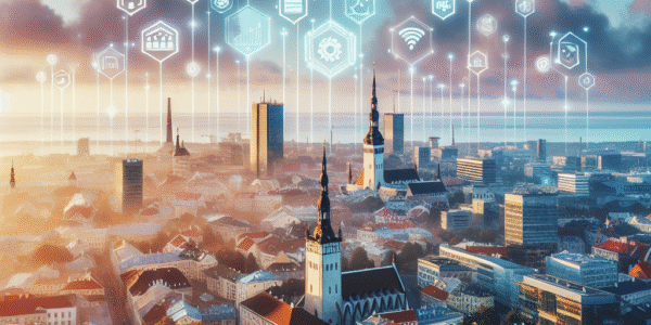 Oversiktsbilde av Tallinns skyline ved soloppgang, med digitale ikoner for økonomi, eiendom og investering svevende over byen, moderne og inspirerende