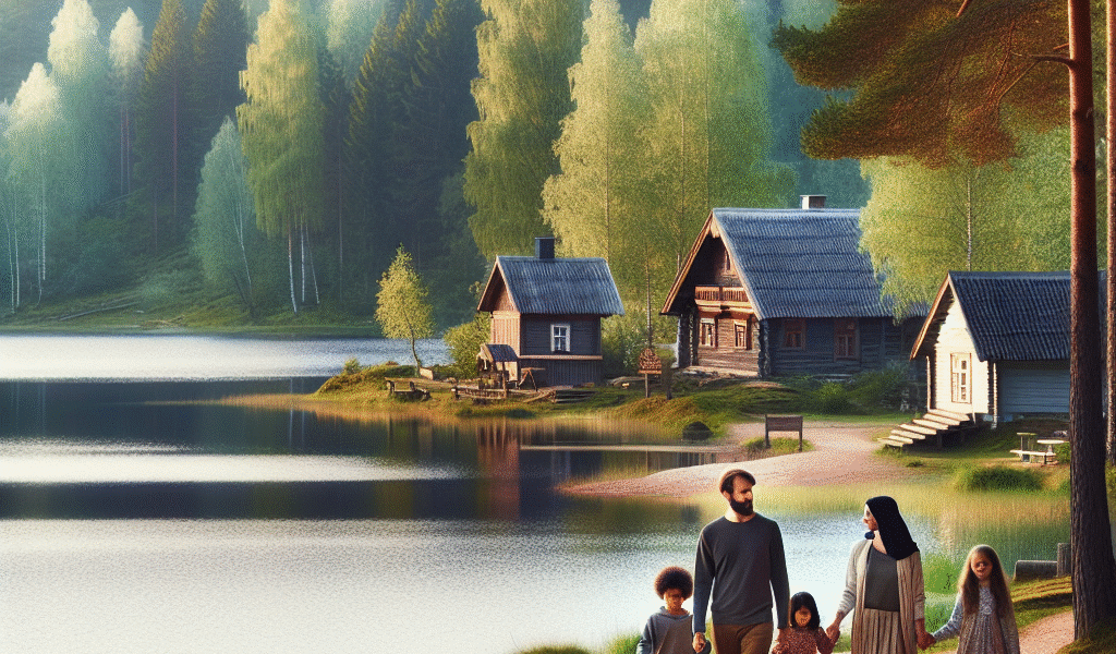 Landskap fra Sør-Estland med innsjø, furuskog og en tradisjonell trehusby i bakgrunnen, myk nordisk lys, familie som går langs sti, stemningsfull og innbydende