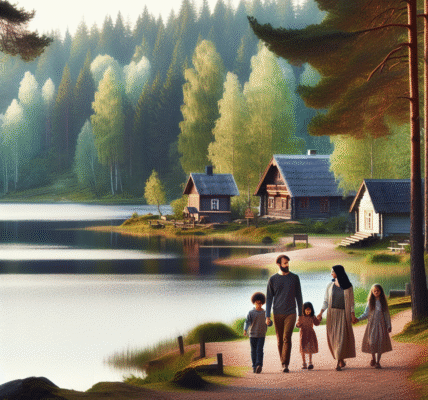 Landskap fra Sør-Estland med innsjø, furuskog og en tradisjonell trehusby i bakgrunnen, myk nordisk lys, familie som går langs sti, stemningsfull og innbydende