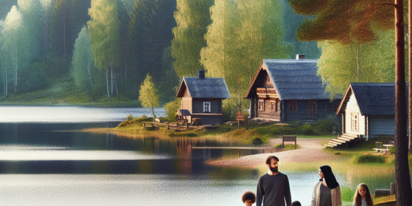 Landskap fra Sør-Estland med innsjø, furuskog og en tradisjonell trehusby i bakgrunnen, myk nordisk lys, familie som går langs sti, stemningsfull og innbydende