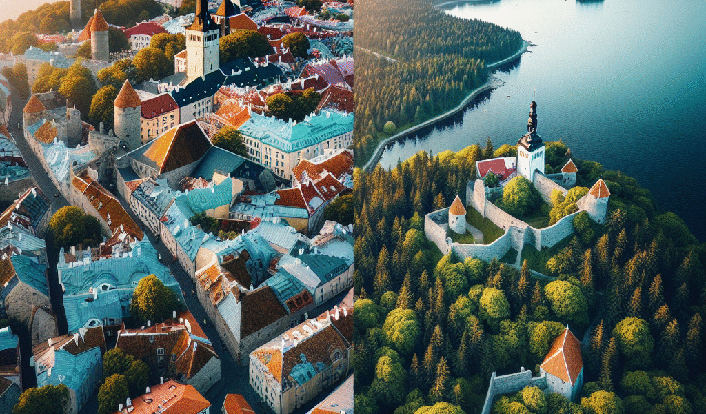 Oversiktsbilde av Estland: en kombinasjon av Tallinns gamleby til venstre, frodig skog og kystlinje med små øyer til høyre, i mykt nordisk lys