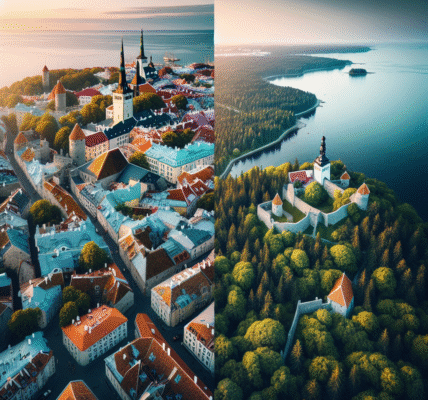 Oversiktsbilde av Estland: en kombinasjon av Tallinns gamleby til venstre, frodig skog og kystlinje med små øyer til høyre, i mykt nordisk lys