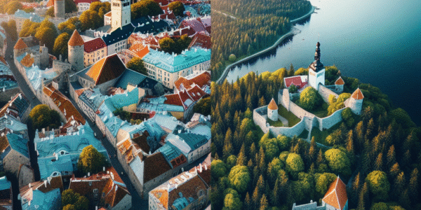 Oversiktsbilde av Estland: en kombinasjon av Tallinns gamleby til venstre, frodig skog og kystlinje med små øyer til høyre, i mykt nordisk lys