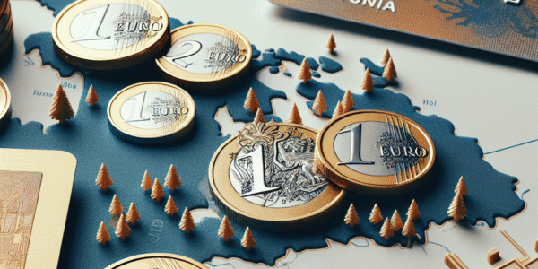 Nærbilde av euro-mynter og bankkort lagt over et stilisert kart av Estland, nordisk, lyst og moderne uttrykk