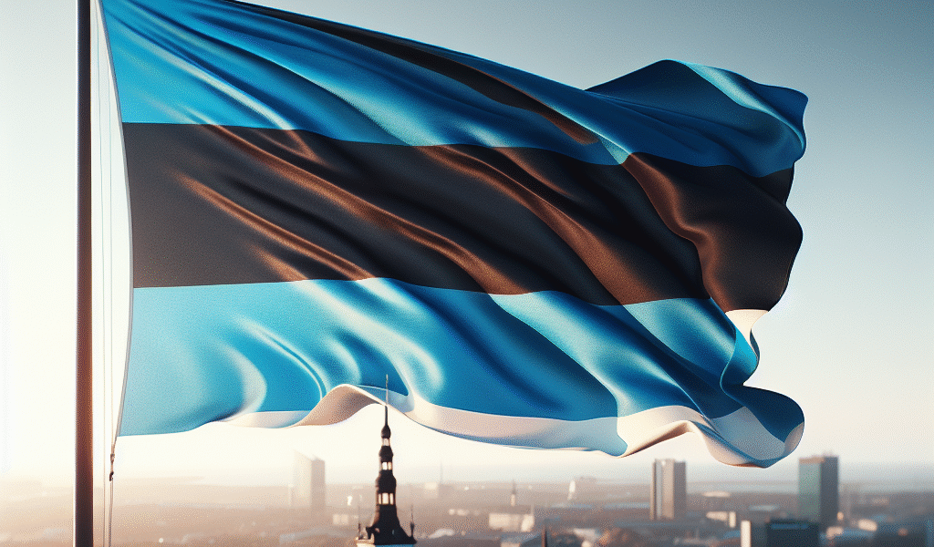 Estisk blå-svart-hvitt flagg i vinden over Tallinns silhuett ved klart lys, moderne fotorealistisk stil, høy oppløsning