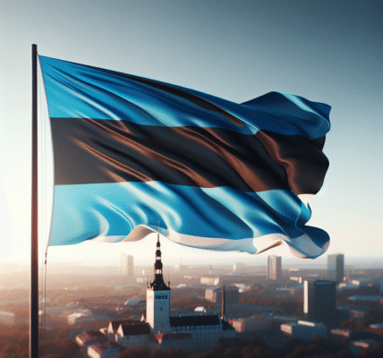 Estisk blå-svart-hvitt flagg i vinden over Tallinns silhuett ved klart lys, moderne fotorealistisk stil, høy oppløsning