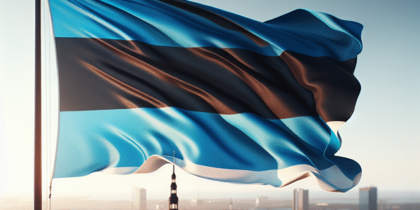 Estisk blå-svart-hvitt flagg i vinden over Tallinns silhuett ved klart lys, moderne fotorealistisk stil, høy oppløsning