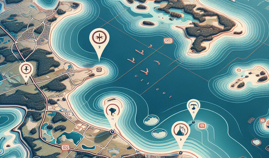 Fugleperspektiv over Estlands kystlinje med interaktive kartlag, turløyper og små øyer markert, stilisert moderne reiseillustrasjon