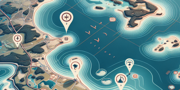 Fugleperspektiv over Estlands kystlinje med interaktive kartlag, turløyper og små øyer markert, stilisert moderne reiseillustrasjon