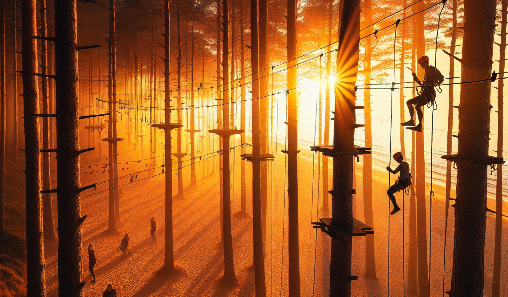 Estland kystlandskap ved solnedgang med furuskog, klatreparkens linjer og mennesker i aktivitet nær en sandstrand