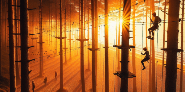 Estland kystlandskap ved solnedgang med furuskog, klatreparkens linjer og mennesker i aktivitet nær en sandstrand