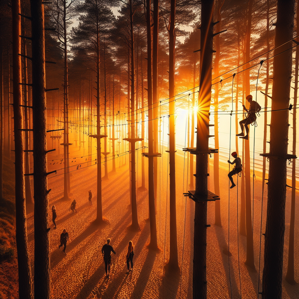 Estland kystlandskap ved solnedgang med furuskog, klatreparkens linjer og mennesker i aktivitet nær en sandstrand