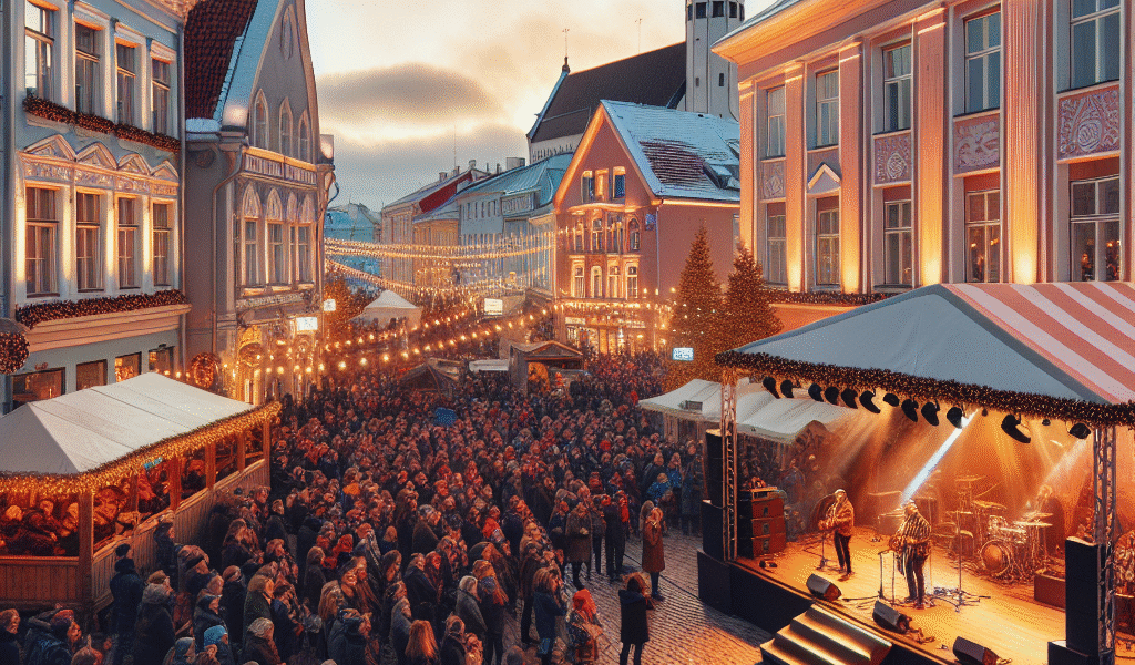Festlig gatebilde i Tallinn med konsertscene, mennesker i ulik alder, varmt kveldlys, historiske bygninger i bakgrunnen og estisk flaggdiskré