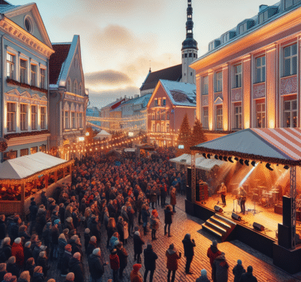 Festlig gatebilde i Tallinn med konsertscene, mennesker i ulik alder, varmt kveldlys, historiske bygninger i bakgrunnen og estisk flaggdiskré