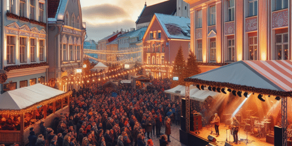 Festlig gatebilde i Tallinn med konsertscene, mennesker i ulik alder, varmt kveldlys, historiske bygninger i bakgrunnen og estisk flaggdiskré