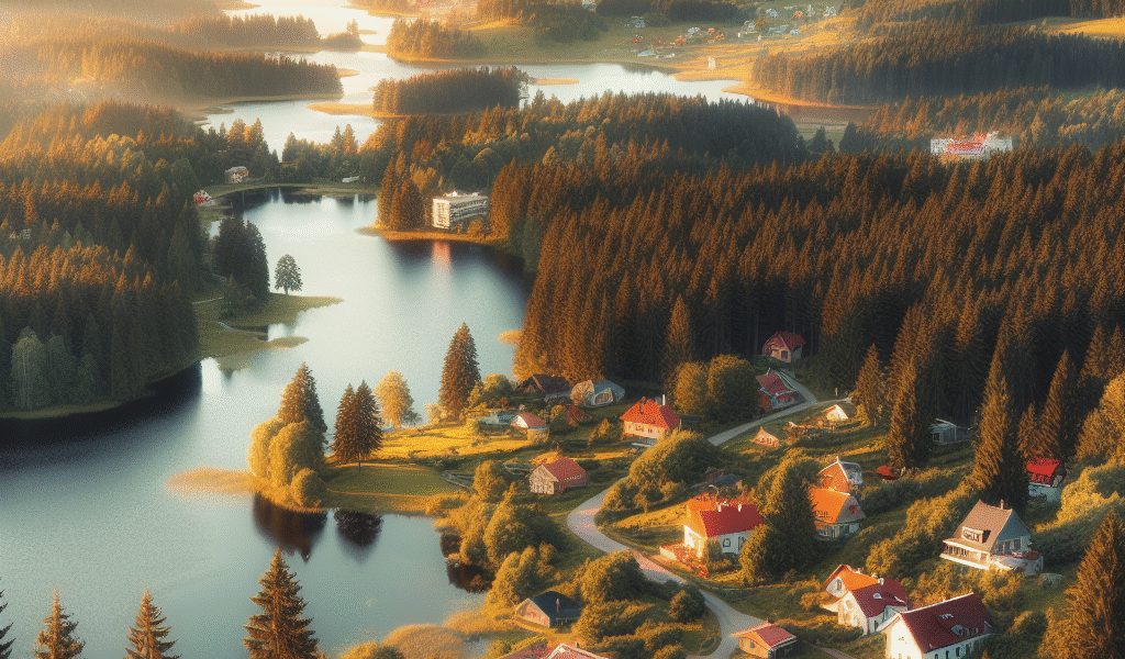 Oversiktsbilde av Sør-Estland med kupert landskap, innsjø i forgrunnen, furuskog og en liten landsby med røde tak under gyllent ettermiddagslys