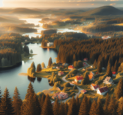 Oversiktsbilde av Sør-Estland med kupert landskap, innsjø i forgrunnen, furuskog og en liten landsby med røde tak under gyllent ettermiddagslys