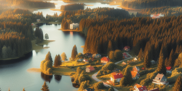 Oversiktsbilde av Sør-Estland med kupert landskap, innsjø i forgrunnen, furuskog og en liten landsby med røde tak under gyllent ettermiddagslys