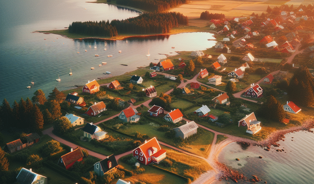 Luftfoto av Estlands kystlinje ved solnedgang med små røde hus, blått hav og grønne skoger; innbydende reiselivsstemning