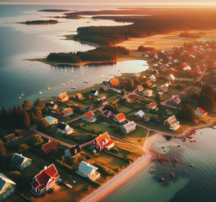 Luftfoto av Estlands kystlinje ved solnedgang med små røde hus, blått hav og grønne skoger; innbydende reiselivsstemning