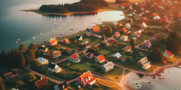 Luftfoto av Estlands kystlinje ved solnedgang med små røde hus, blått hav og grønne skoger; innbydende reiselivsstemning