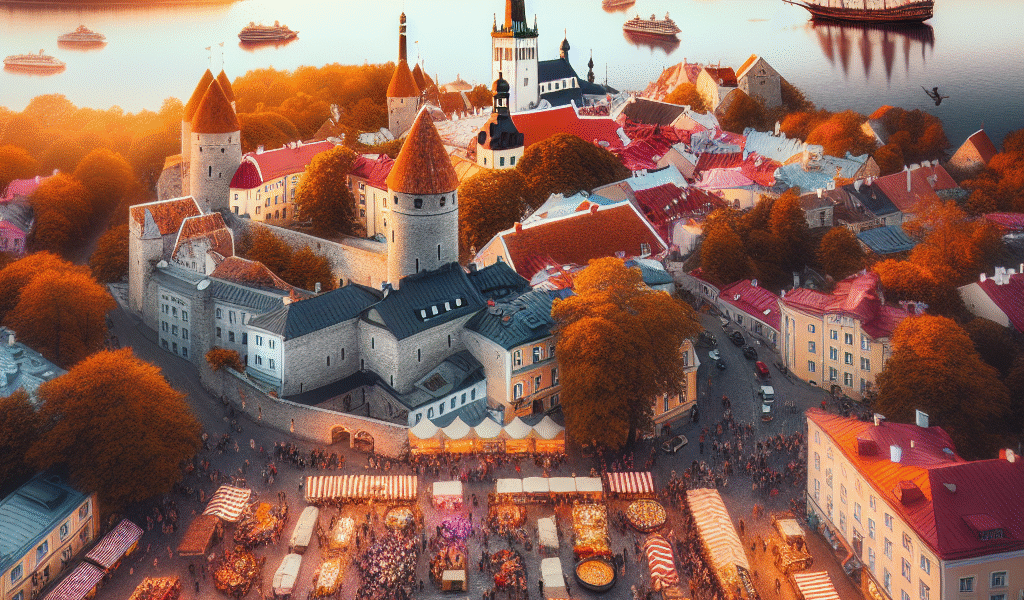 Oversiktsbilde av Estland: blanding av Tallinns gamleby og kystlandskap ved solnedgang, folk på marked og kulturelle scener, varm og moderne fargepalett