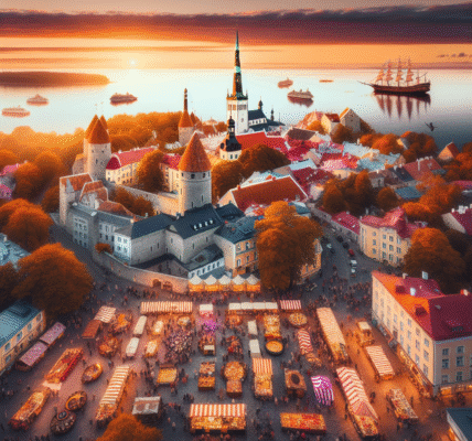 Oversiktsbilde av Estland: blanding av Tallinns gamleby og kystlandskap ved solnedgang, folk på marked og kulturelle scener, varm og moderne fargepalett