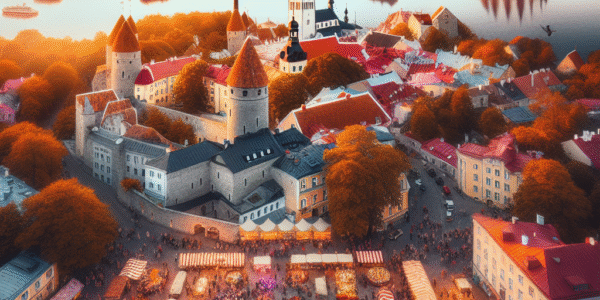 Oversiktsbilde av Estland: blanding av Tallinns gamleby og kystlandskap ved solnedgang, folk på marked og kulturelle scener, varm og moderne fargepalett