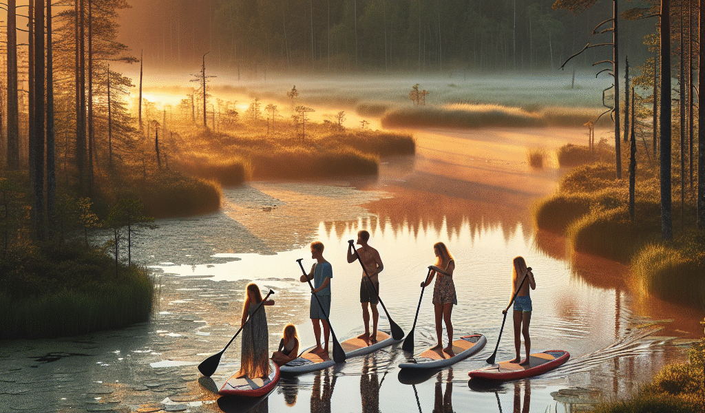 Familie som padler på en stille elv i Sør-Estland ved soloppgang, omgitt av frodig skog og myr, varm naturlig lyssetting, vennlig atmosfære