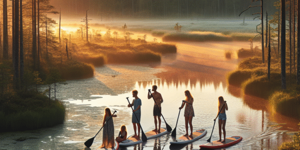 Familie som padler på en stille elv i Sør-Estland ved soloppgang, omgitt av frodig skog og myr, varm naturlig lyssetting, vennlig atmosfære