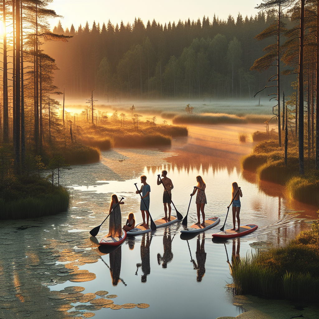 Familie som padler på en stille elv i Sør-Estland ved soloppgang, omgitt av frodig skog og myr, varm naturlig lyssetting, vennlig atmosfære