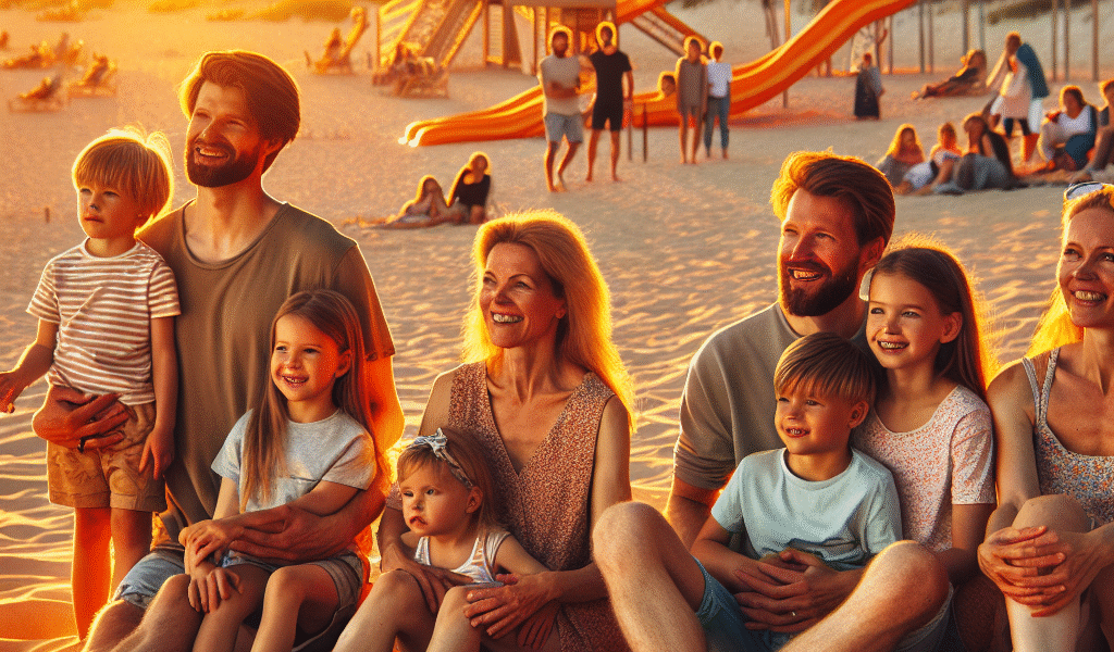 Familie på en estisk sandstrand i mykt kveldslys, med klatrepark i bakgrunnen, unge og voksne i aktivitet, naturlig kystlandskap og varme farger