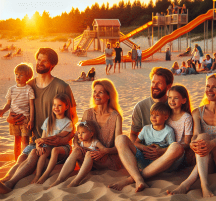 Familie på en estisk sandstrand i mykt kveldslys, med klatrepark i bakgrunnen, unge og voksne i aktivitet, naturlig kystlandskap og varme farger