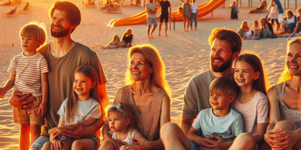 Familie på en estisk sandstrand i mykt kveldslys, med klatrepark i bakgrunnen, unge og voksne i aktivitet, naturlig kystlandskap og varme farger