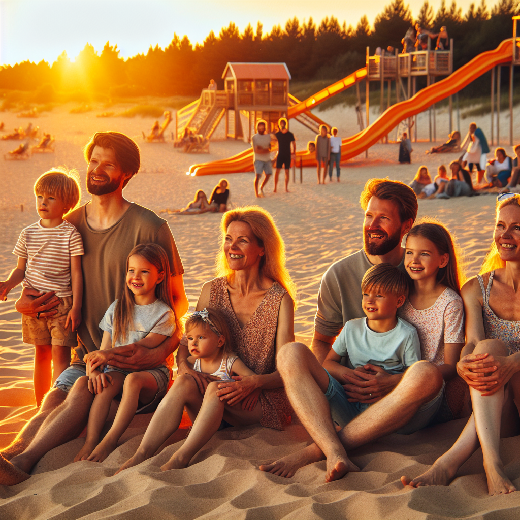 Familie på en estisk sandstrand i mykt kveldslys, med klatrepark i bakgrunnen, unge og voksne i aktivitet, naturlig kystlandskap og varme farger