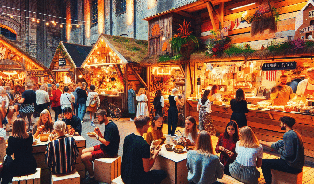 Livlig estisk mathall og kulturhub: mennesker som smaker lokal mat, små stander med håndverk, urban bakgrunn med tre og murstein, varm kveldstemning