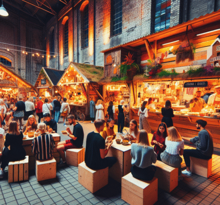 Livlig estisk mathall og kulturhub: mennesker som smaker lokal mat, små stander med håndverk, urban bakgrunn med tre og murstein, varm kveldstemning